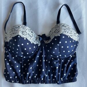 Guess Navy and White Polka Dot Satin with Lace Trim Bustier